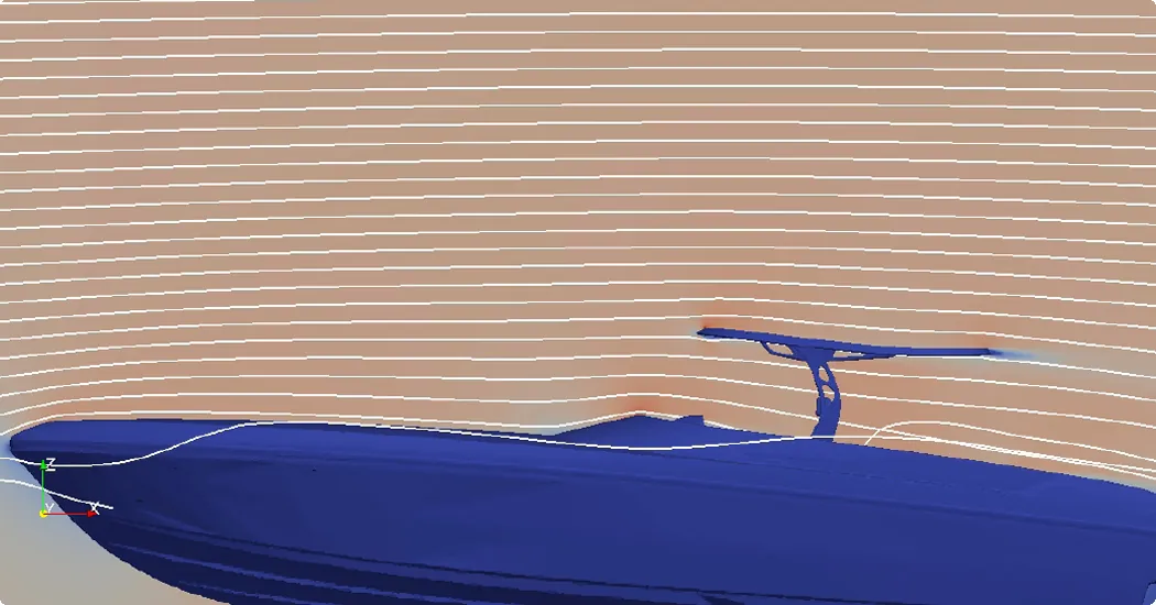 Flow lines running over the hull and hardtop of a sport boat in a CFD study