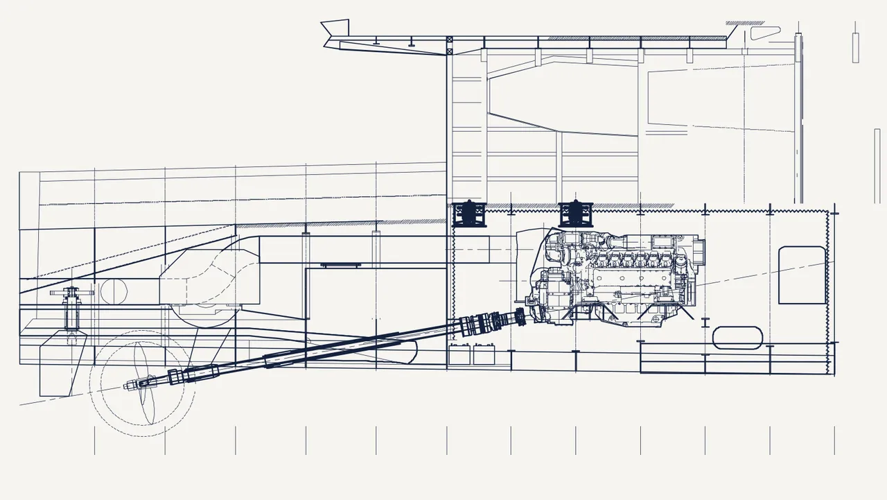 Profile drawing of a hull showing the engine, shaft line and tankage