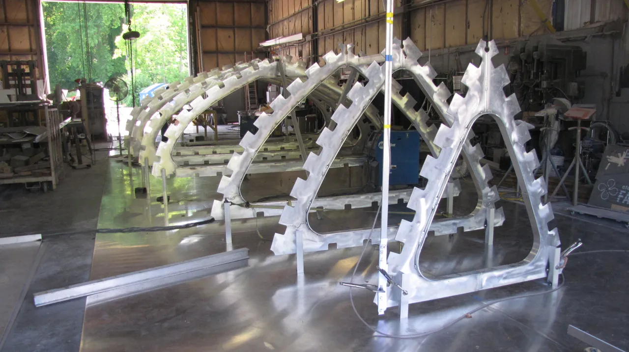Forward frames being set in a boat shed