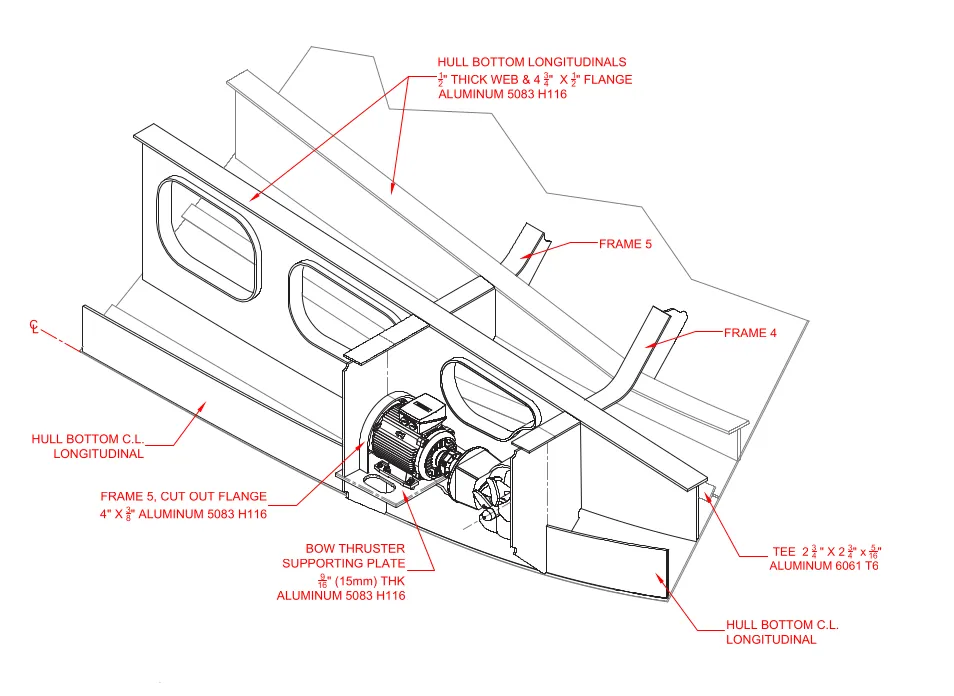 Cutaway drawing of a bow thruster and its supporting structure
