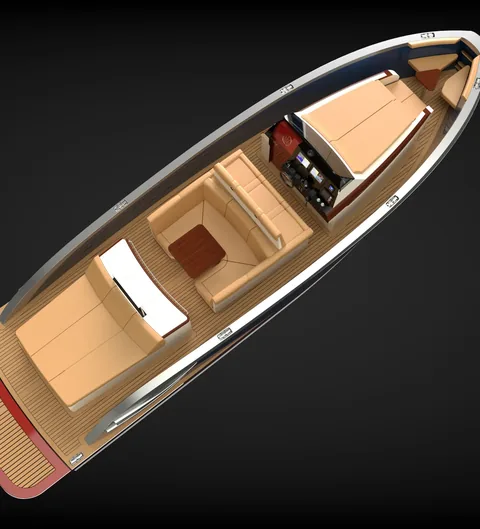 Overhead render of a day boat cockpit in teak