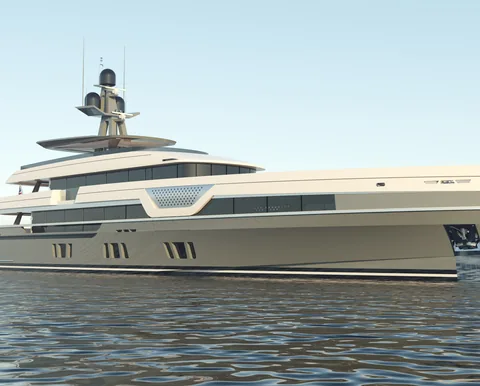 78 meter yacht concept with raised decks, rendered at sea
